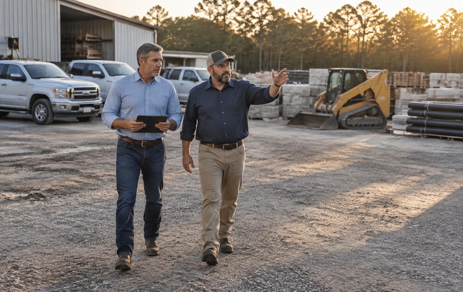 Construction company owner and operations manager walking their equipment yard