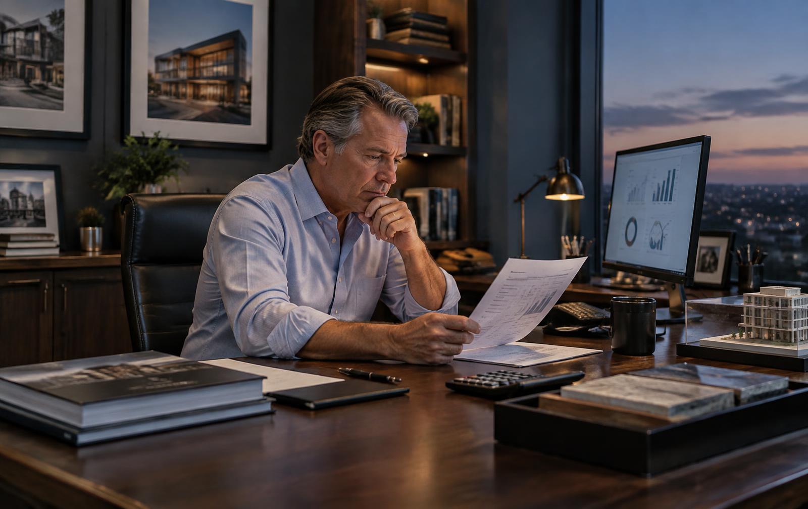 Construction company owner reviewing business performance in his office